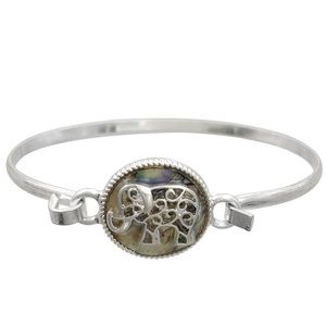Elephant Silver Tone Abalone Shell Inlay Hook Bangle Bracelet